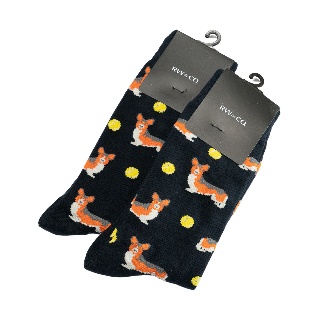 舒适棉质CORGI柯基犬玩球狗狗玩耍图案中筒男袜RW045