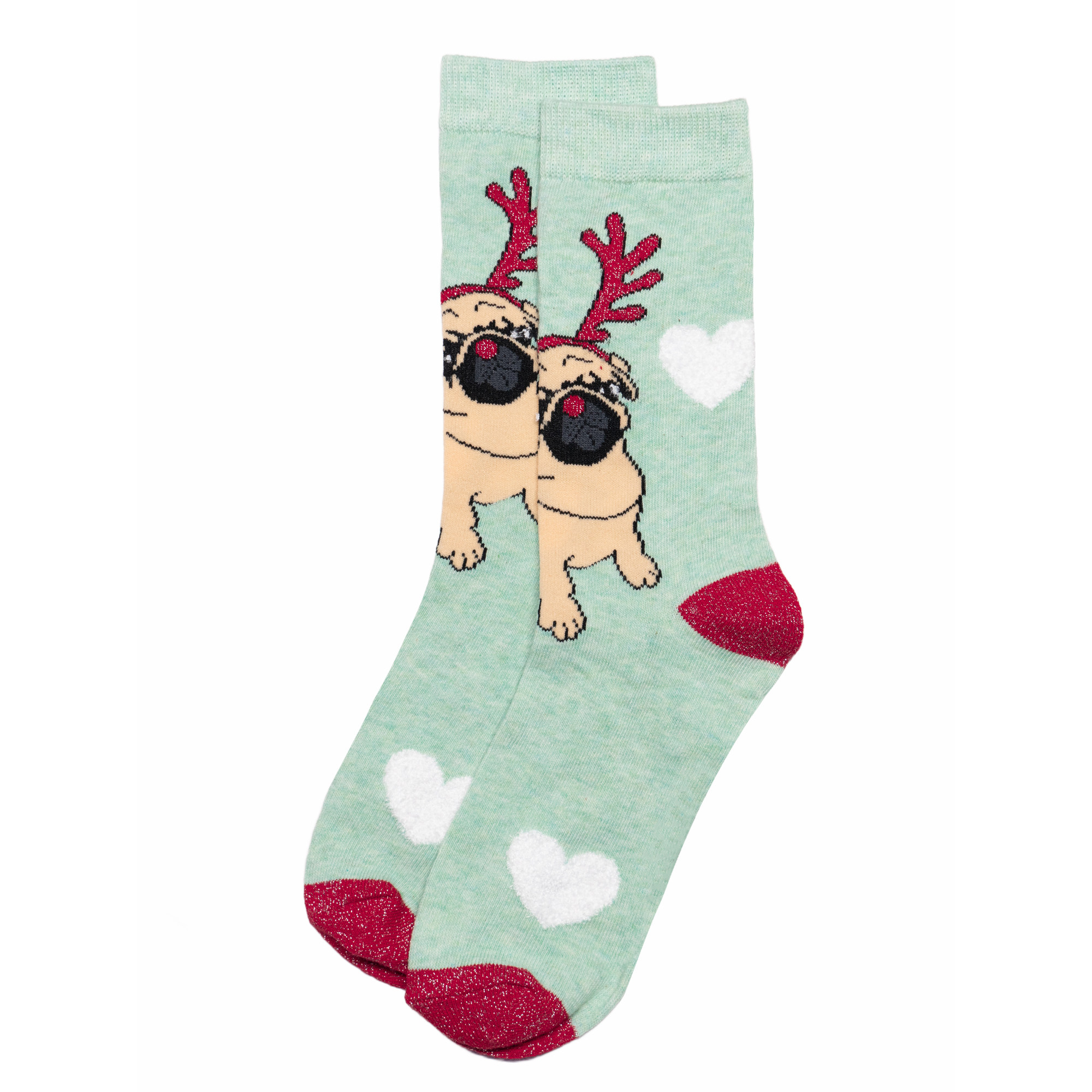 女士舒适棉质PUG戴鹿角的哈巴狗巴哥犬圣诞节Christmas中筒女袜SS