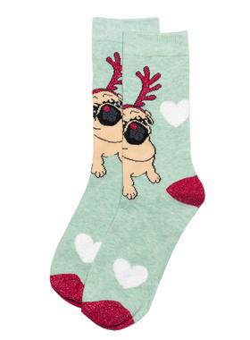 舒适棉质PUG戴鹿角的哈巴狗巴哥犬圣诞节Christmas中筒女袜WF