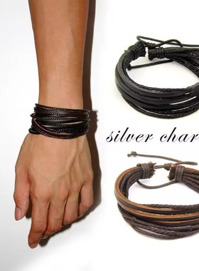 欧美热卖多层牛皮手镯手工编织休闲简约男女手绳兄弟手串学生情侣