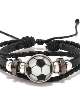 跨境电商货源欧美足球手链球迷周边皮手镯男士流行串珠皮革手链