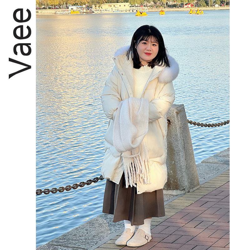 Vaee大码女装90白鸭绒羽绒服2023冬季胖mm中长款加厚保暖连帽外套