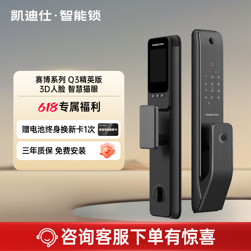 凯迪仕Q3精英版人脸猫眼指纹密码家用防盗电子入户智能门锁