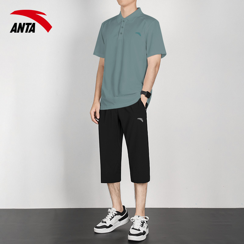 安踏运动polo衫套装男夏季新款翻领短袖t恤七分裤速干透气两件套