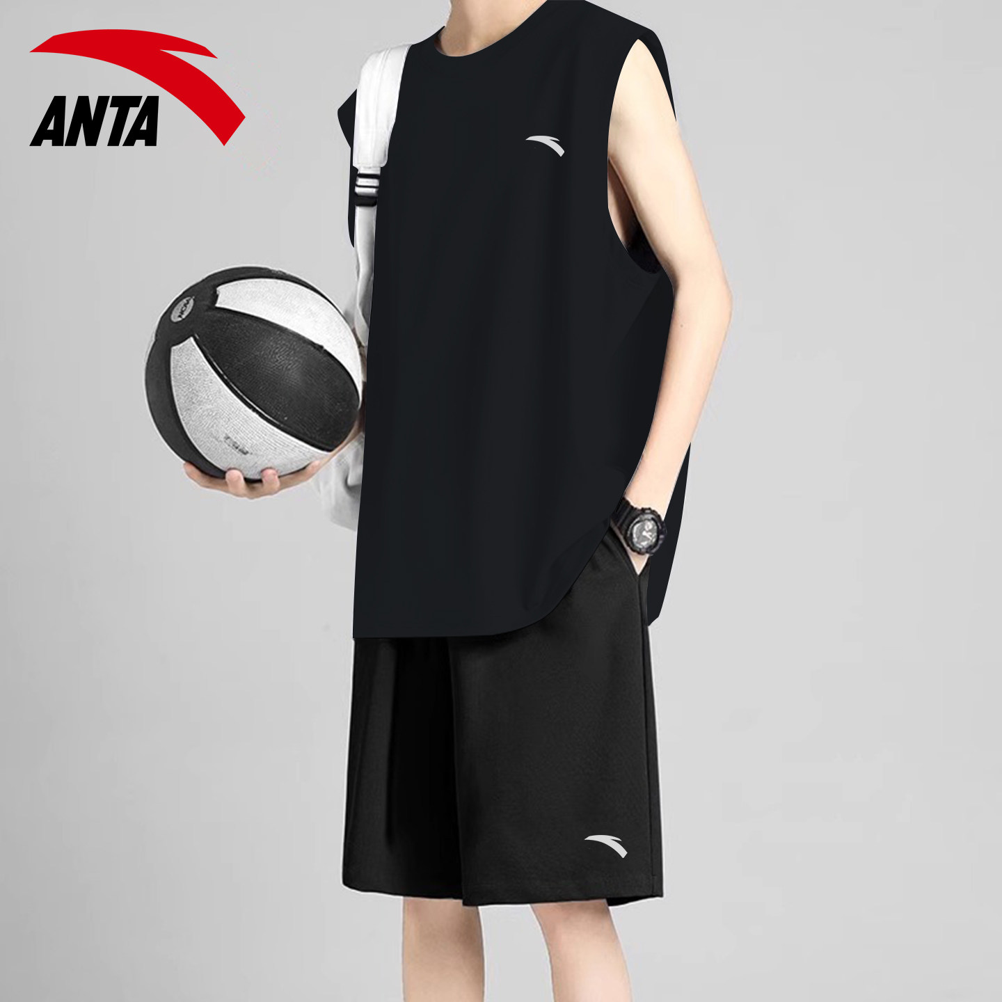 安踏速干无袖套装男士夏季新款冰丝透气背心短裤青少年跑步运动服