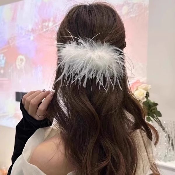 超仙羽毛流苏发夹女毛毛鸭嘴夹后脑勺盘发一字夹刘海侧边夹子头饰