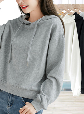 灰色春秋常规基础短款套头带连帽子卫衣女小个子修身单件打底衫薄