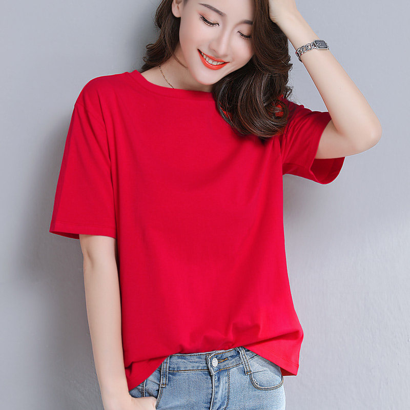 大红色t恤女短袖夏宽松纯棉中年本命年大码百搭休闲圆领半袖上衣