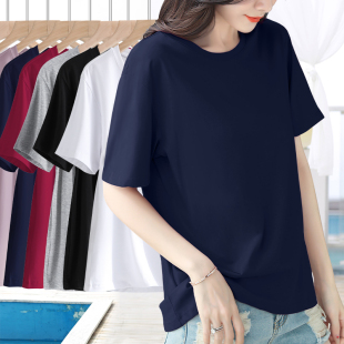 圆领百搭净版 藏蓝色棉质短袖 宽松落肩半袖 新款 显瘦上衣 t恤女夏季