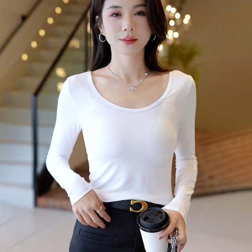 双u领莫代尔棉薄款修身长袖t恤女