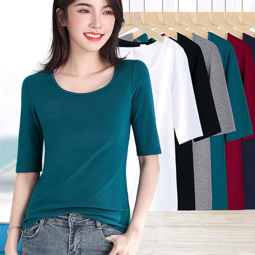 螺纹纯色五分袖修身圆领打底衫女