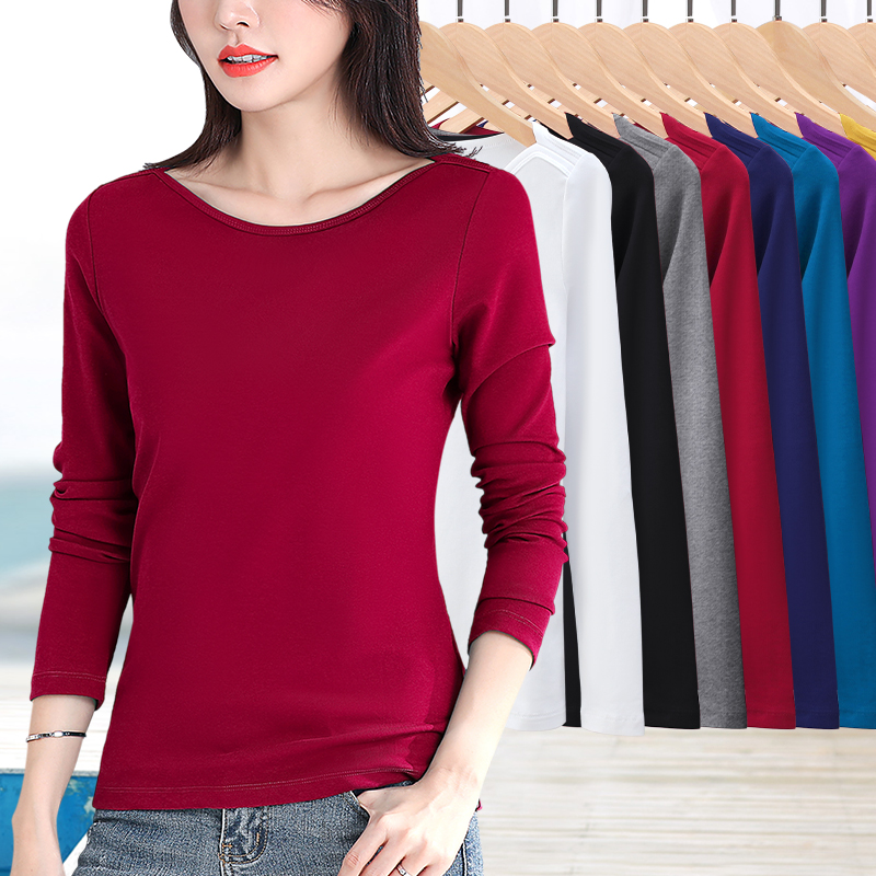 螺纹一字领修身长袖上衣打底衫女