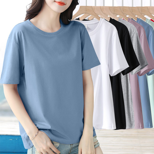棉质净色宽松基础半袖圆领t恤女