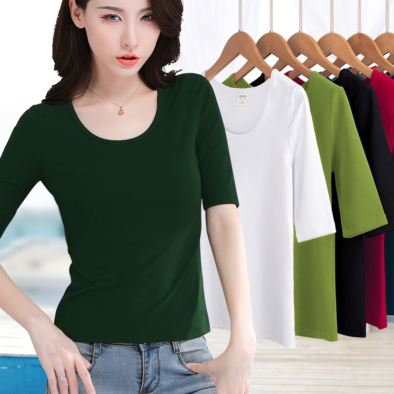 纯色圆领修身百搭七分袖打底衫女