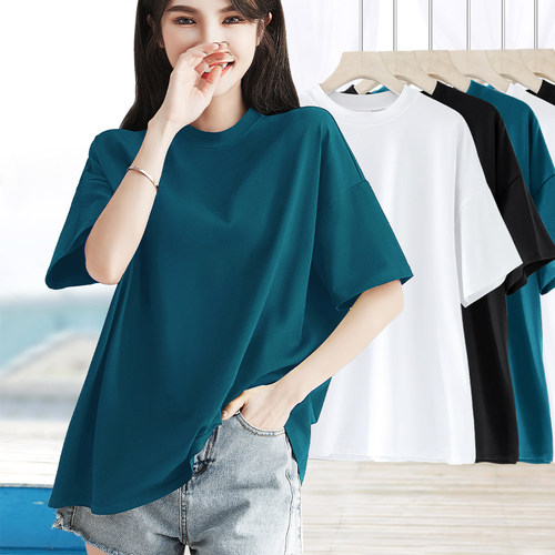 棉质小高领宽松短袖t恤女夏季