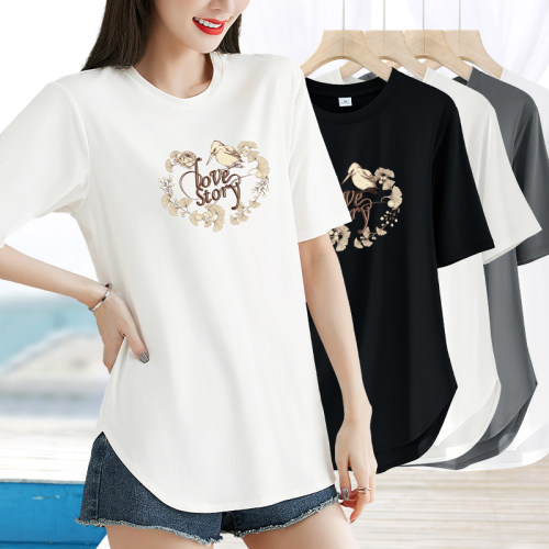 下摆弧形宽松打底衫印花t恤女夏