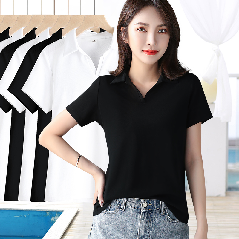 螺纹棉polo领修身短袖t恤女夏季