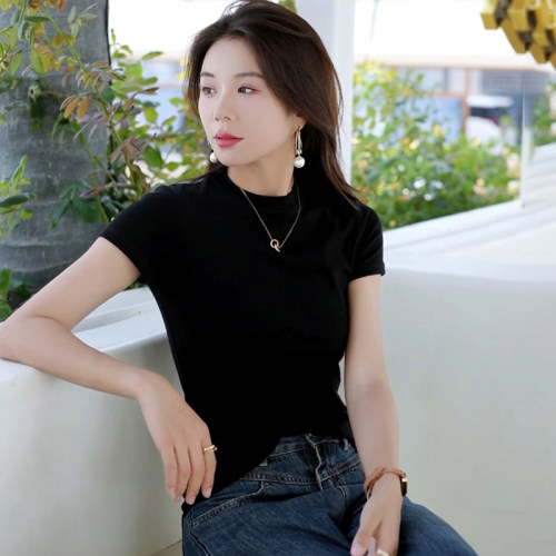 黑色弹力棉半高领修身短袖t恤女
