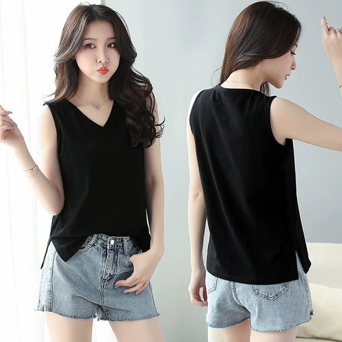 Хлопковый жилет без рукавов, футболка, топ с чашечками, майка топ, V-образный вырез, большой размер