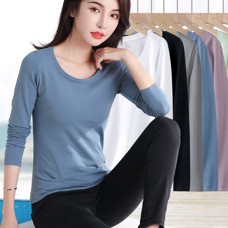 雾霾蓝圆领上衣女长袖修身打底衫