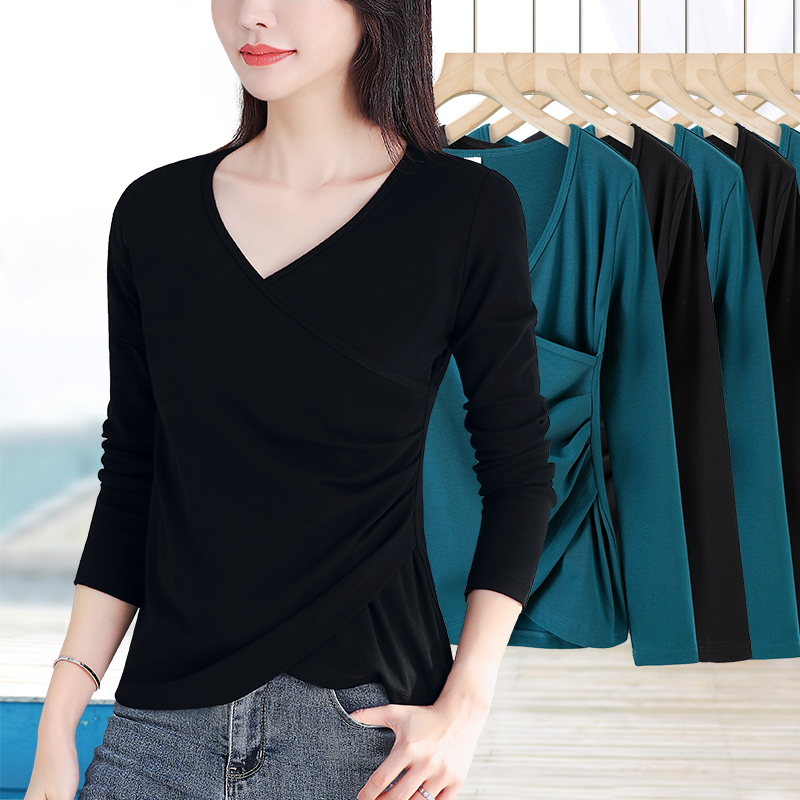 纯色长袖t恤上衣v领内搭打底衫女