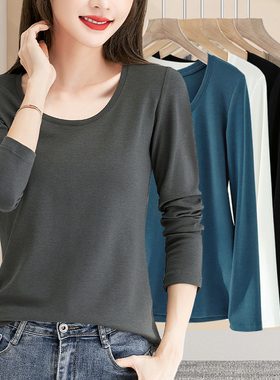 春秋外穿秋衣深灰色中老年女式大领口低圆领打底衫修身高弹力内搭