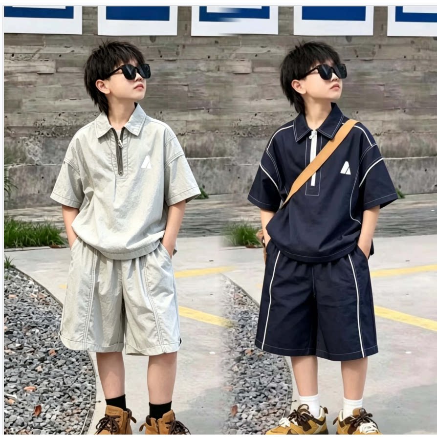 儿童薄款休闲套装2026夏季新款男女童韩版透气潮流拼接上衣中裤