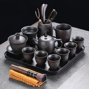 整套纯色茶壶套装 黑紫砂功夫茶具半手工浮雕办公用泡茶器中式 家用