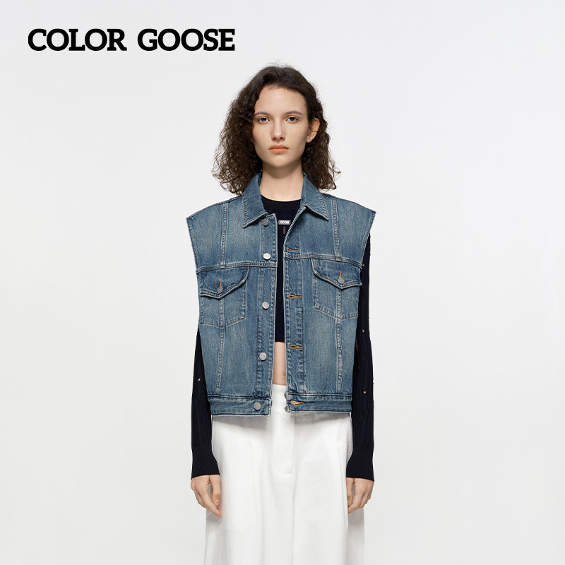COLOR GOOSE彩鹅 春夏女士复古短款衬衫领棉质休闲牛仔马甲