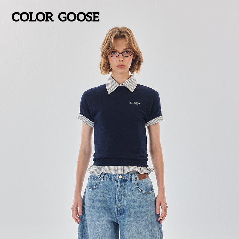 COLOR GOOSE 春夏复古圆领廓形手写粉色刺绣LOGO显瘦短袖针织衫女