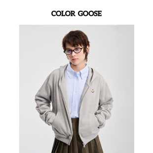 COLOR GOOSE彩鹅 春夏女士刺绣Logo休闲连帽卫衣开衫外套女