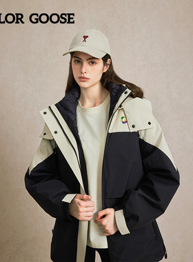 COLOR GOOSE彩鹅 秋冬女士经典拼色连帽日常休闲羽绒冲锋衣