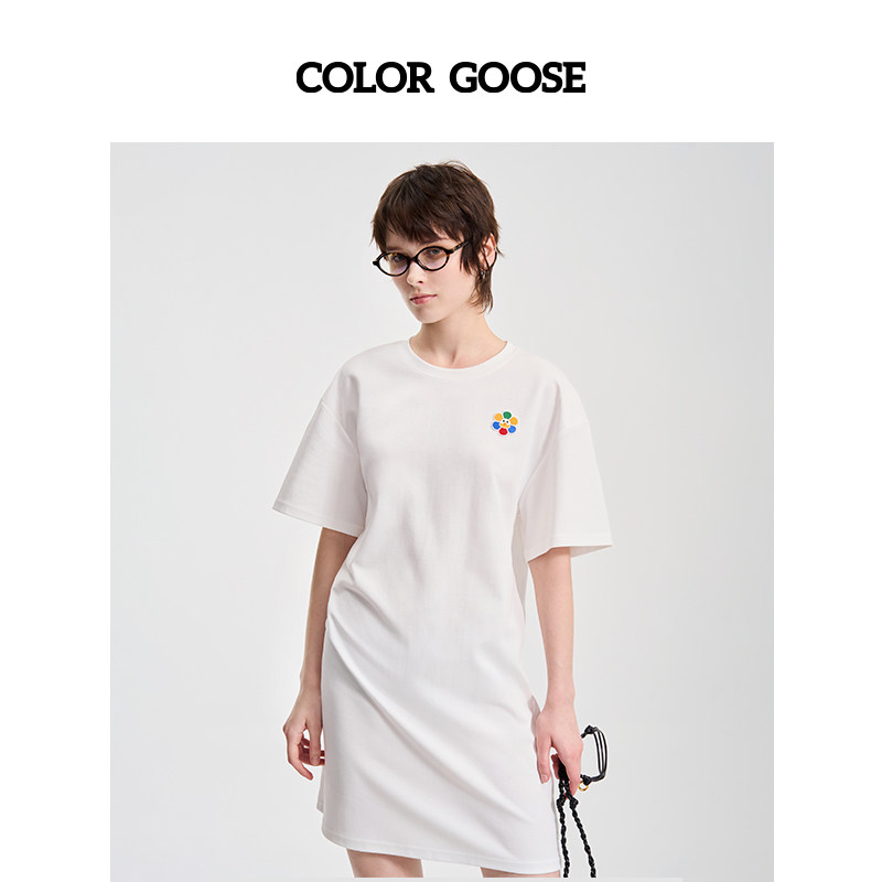 COLOR GOOSE彩鹅 简约logo连衣裙圆领休闲中长款短袖T恤裙夏 女款