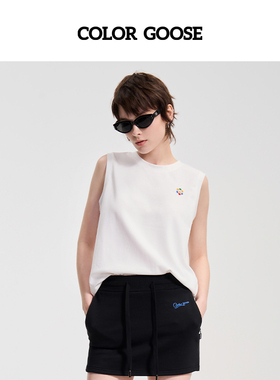 COLOR GOOSE彩鹅 春夏刺绣logo标修身无袖简约休闲背心T恤女