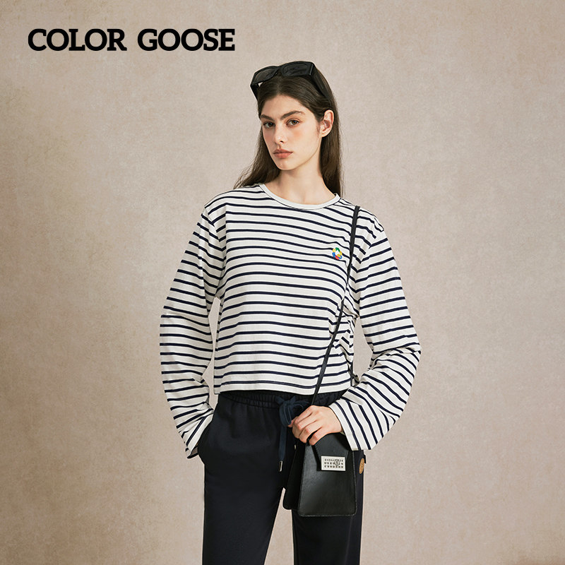 COLOR GOOSE彩鹅 春季女士条纹直筒短款棉质圆领休闲长袖T恤女