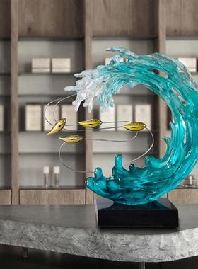 酒店样板间玄关客厅装饰品摆件现代别墅办公室透明树脂水浪花雕塑
