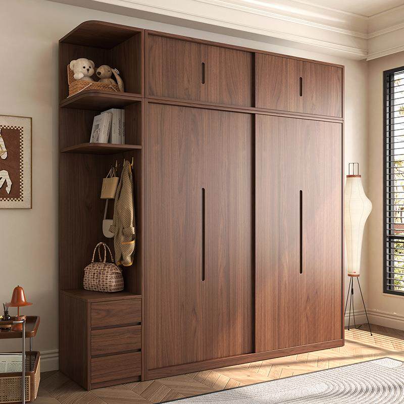 木月实木推拉门衣柜现代简约组合衣柜原木胡桃色移门趟门卧室衣柜