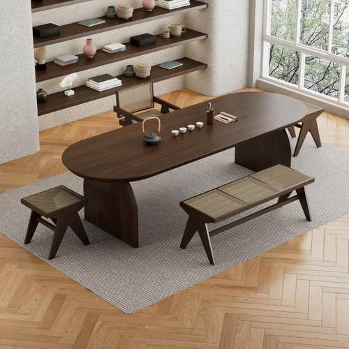 严选侘寂风实木泡茶桌功夫茶台办公室简约原木大板桌新中式茶桌椅