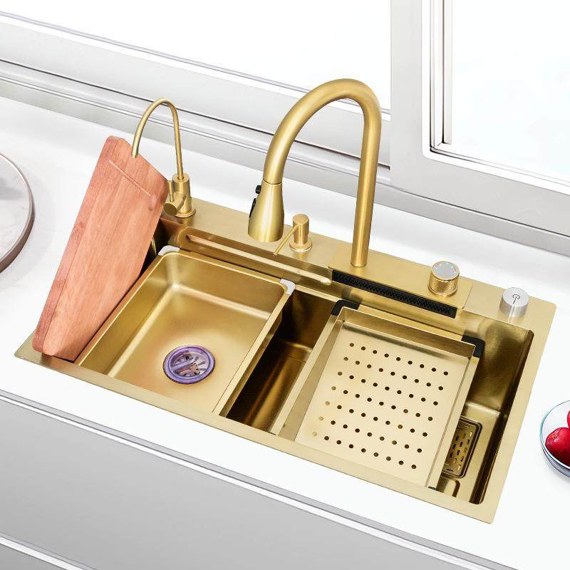 纳米金色飞雨瀑布水槽厨房大单槽台下洗碗池加厚304不锈钢洗菜盆,家装主材,水槽套餐,淘宝优惠券,粉丝福利购,淘宝优惠卷