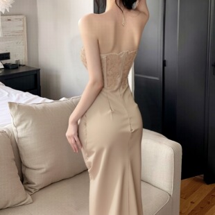 蕾丝拼接抹胸连衣裙 背长裙宴会礼服打底肩薄款 暴妃优质女款 新款