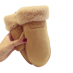 女冬麂皮绒保暖棉手套可爱学生户外连指骑车挂绳包指加厚加绒防风