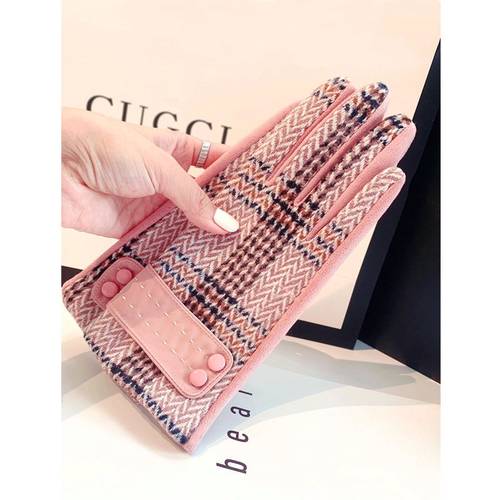 秋冬季pu皮条纹格子分指保暖手套