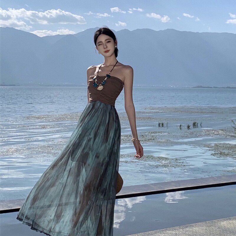 新品云南拍照民族风扎染旅游抹胸连衣裙H三亚巴厘岛沙滩裙海边度