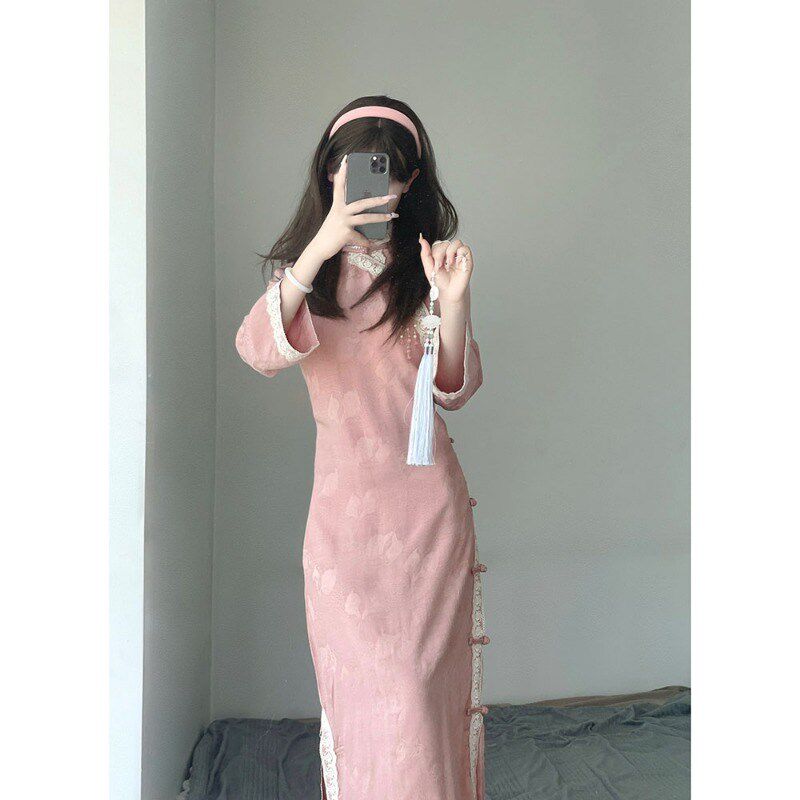 新品大码新中式国风改良旗袍女胖Amm秋冬小个子气质收腰a字显瘦连