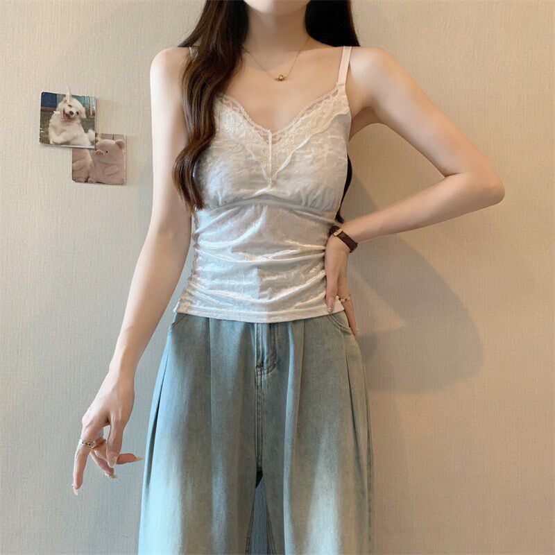 新品大码女秋冬重工丝绒蕾丝吊带背心胖妹妹带胸垫遮肚.子内搭打