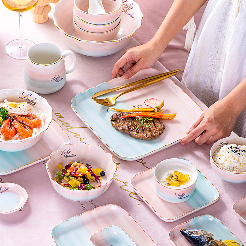 新品Gold Inglay Pink Rainbow Simple Dinnerware Collection Ce图片