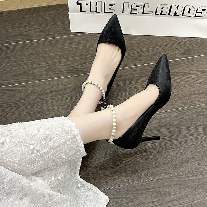 新品新中式鞋子细跟皮面q古风单鞋伴娘鞋法式优雅珍珠配旗袍高跟