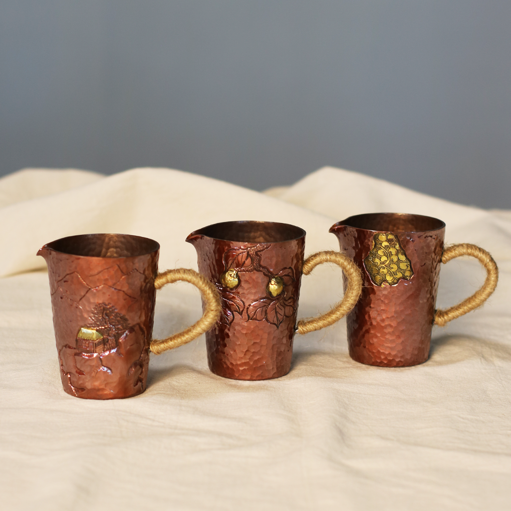 纯铜紫铜高温烤色镶嵌工艺公杯分酒器小奶杯纯手工公道杯黄铜镶嵌
