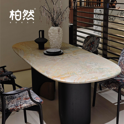 中古风莫奈花园大理石椭圆餐桌
