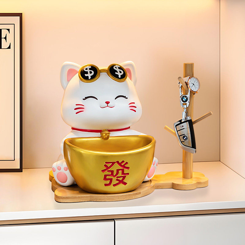 招财猫钥匙收纳玄关摆件家居好物置物架乔迁礼物客厅装饰流沙摆件